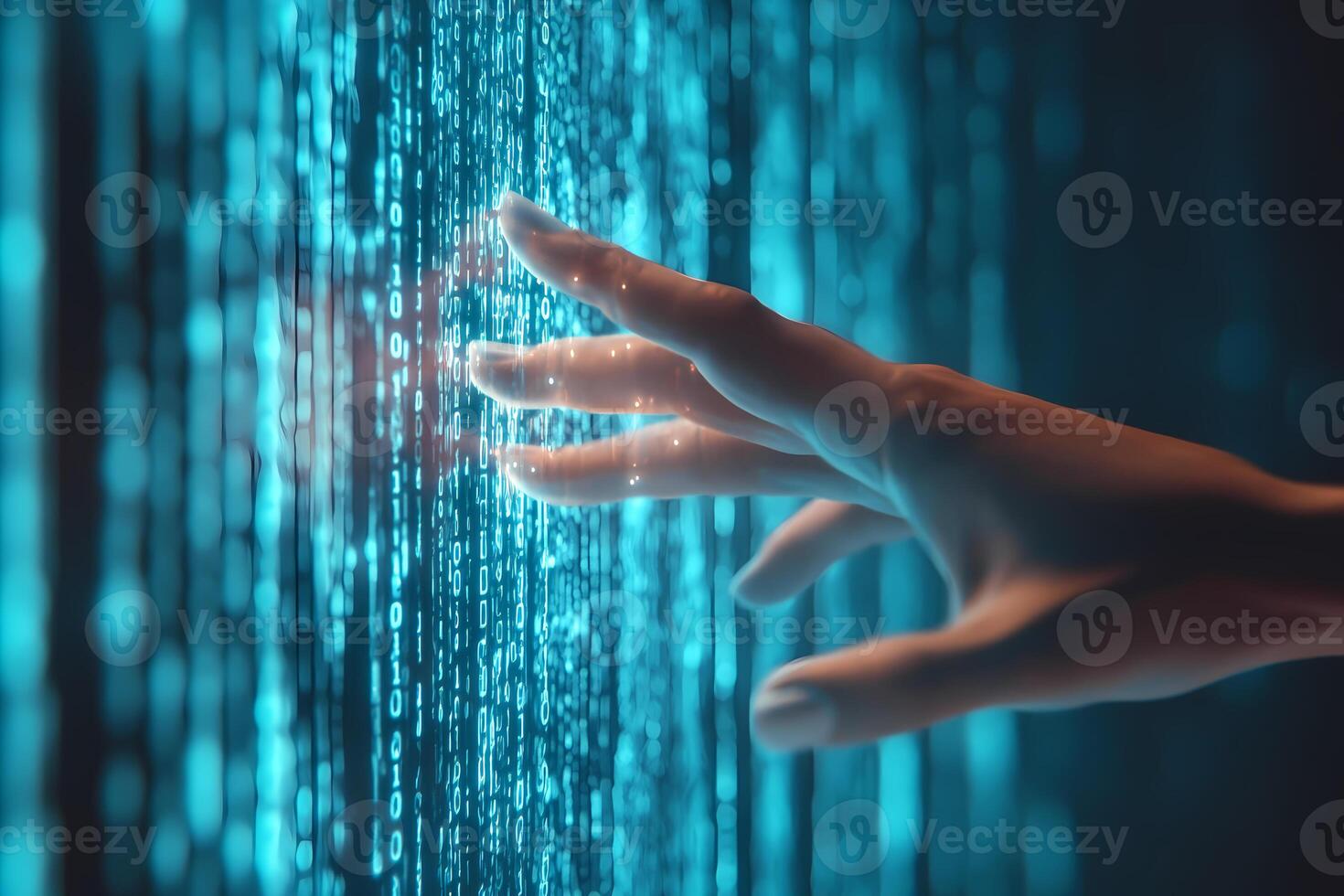 Hand interacting with digital binary code matrix photo
