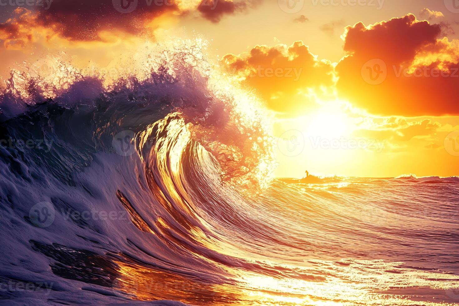 Big ocean wave breaking at sunset with golden light reflecting on water photo
