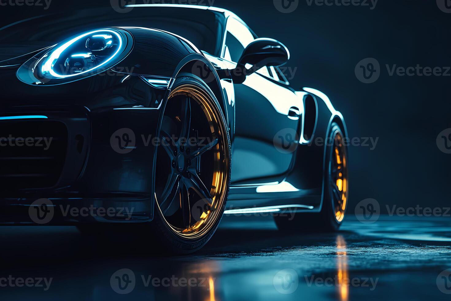Black sports car parked in a showroom with bright headlights shining photo