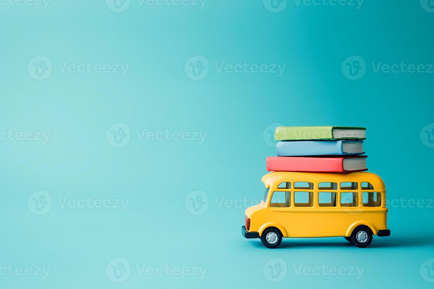 Yellow school bus carrying stack of colorful books on turquoise background photo