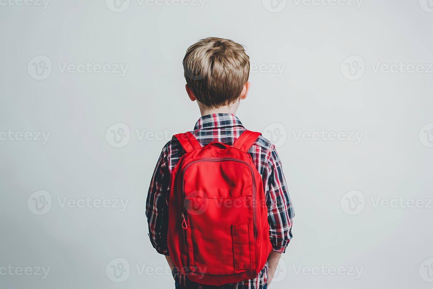 Schoolboy wearing red backpack standing back to camera photo