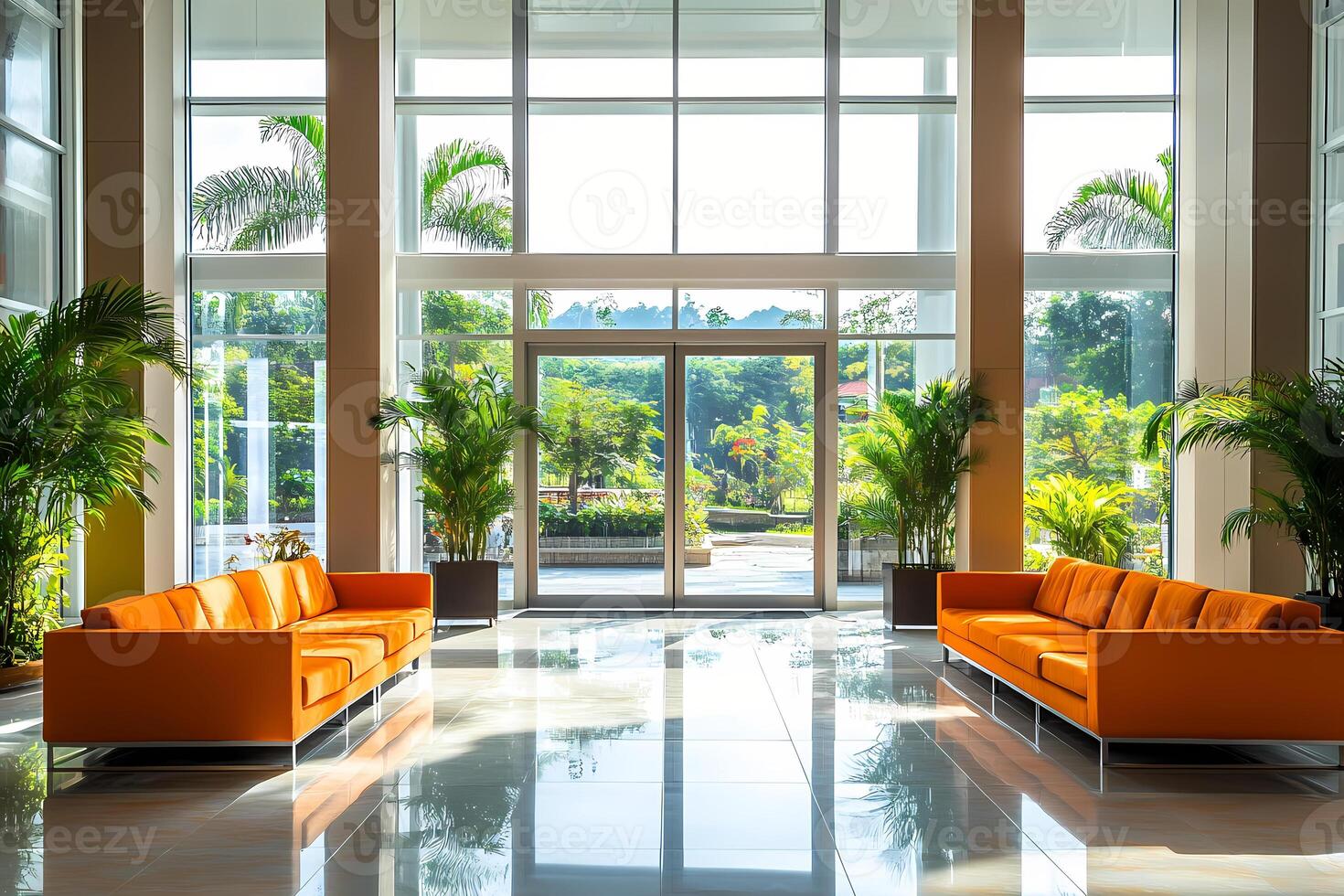 Modern hotel lobby with orange sofas and large windows showing tropical greenery photo