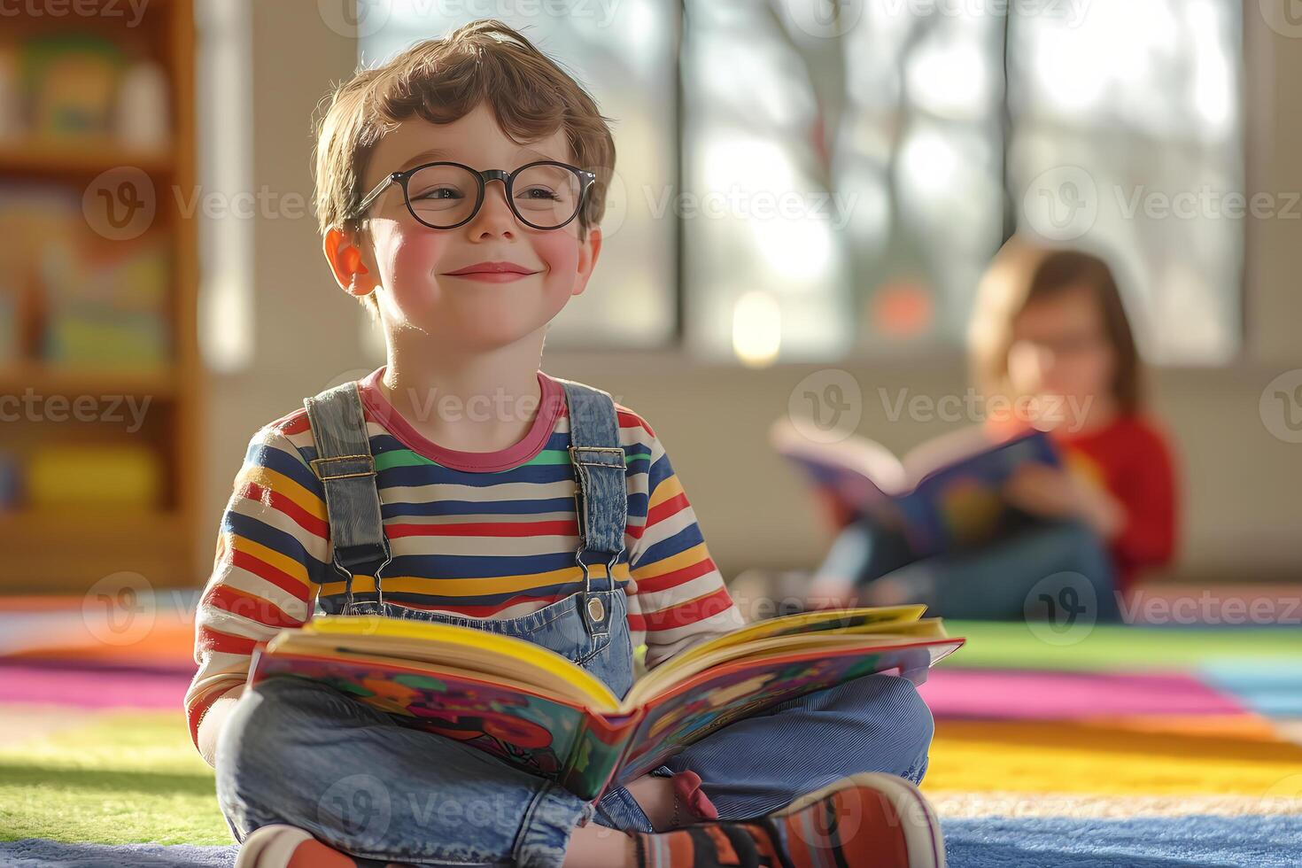 Smiling preschooler reading a book in the library, developing literacy skills photo