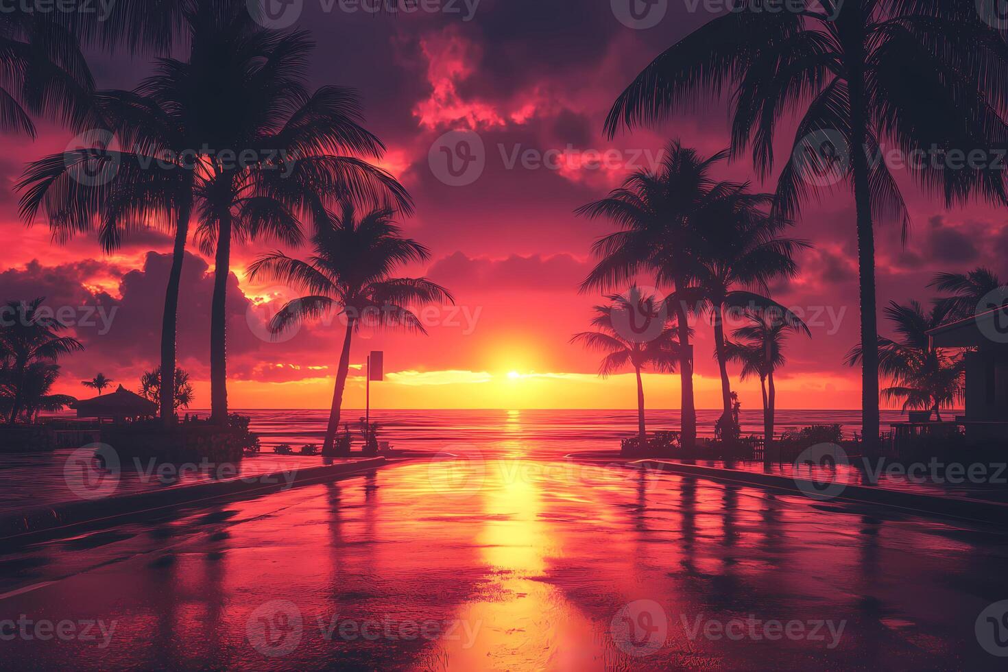 Palm trees silhouetted against a vibrant sunset reflecting on wet asphalt photo