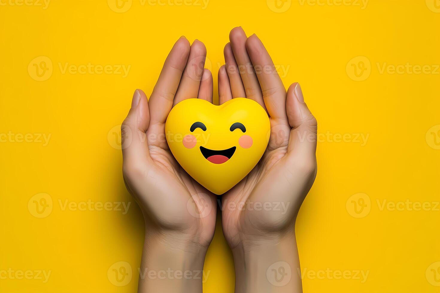 Hands holding a smiling heart on yellow background, expressing love, care, and happiness photo