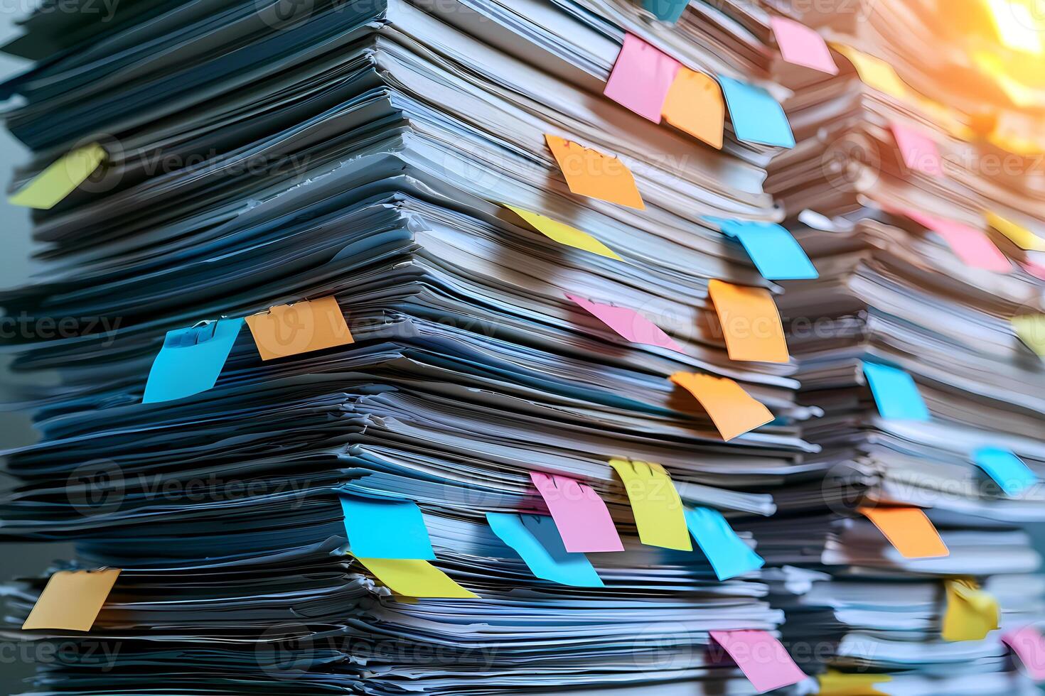 Stack of documents waiting to be processed with sticky notes marking important information photo