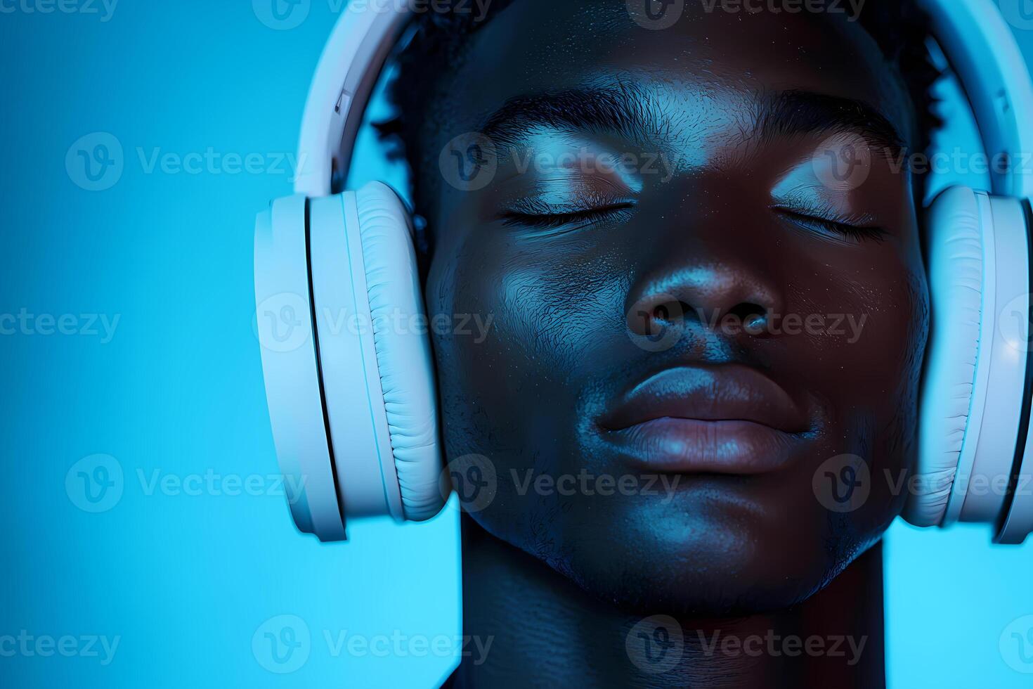 Young man enjoying music with wireless headphones in neon light photo