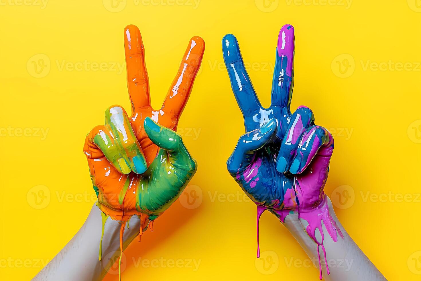 Two hands showing peace sign covered in dripping paint on yellow background photo