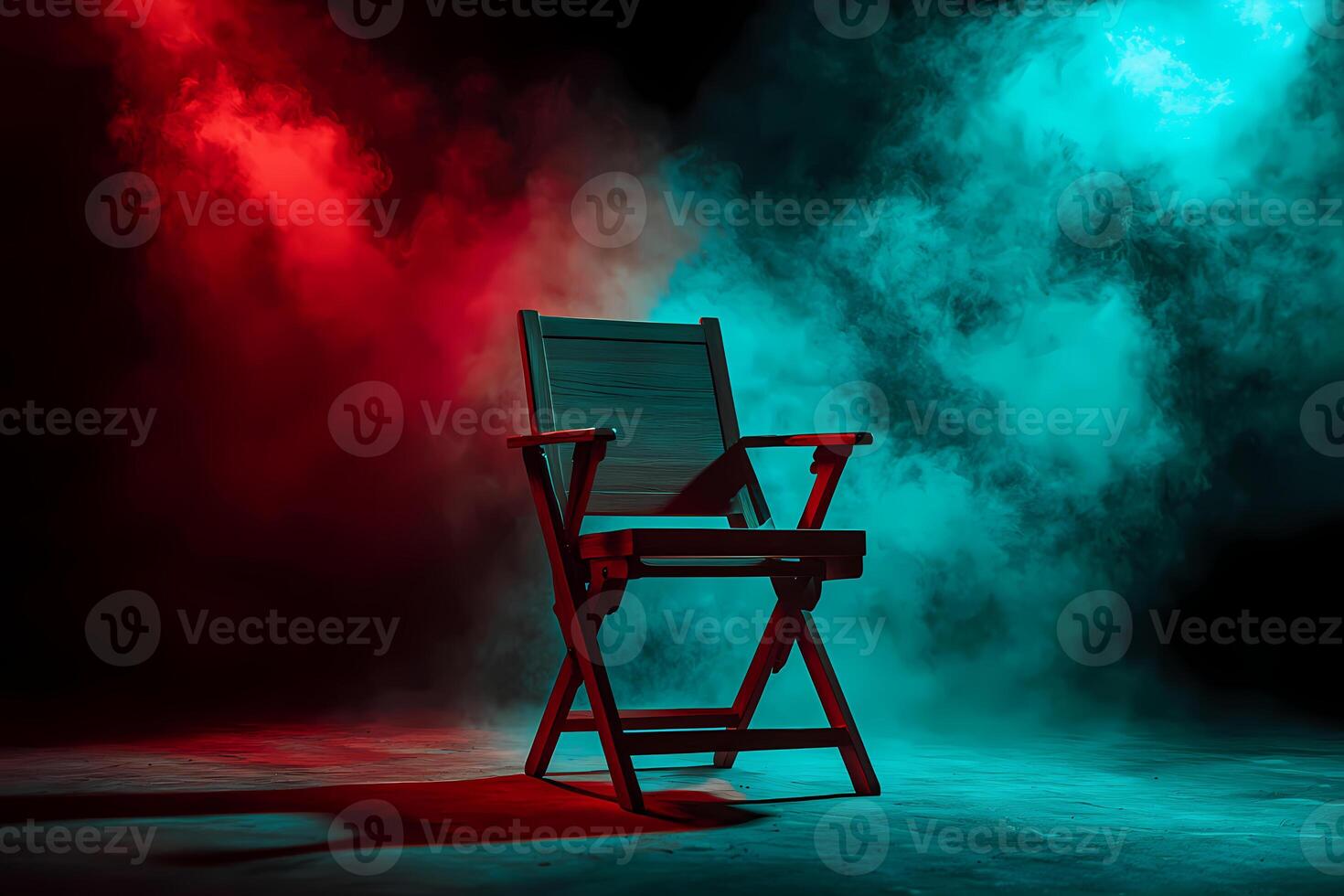 Empty director chair illuminated by red and teal lights in a smoky studio photo