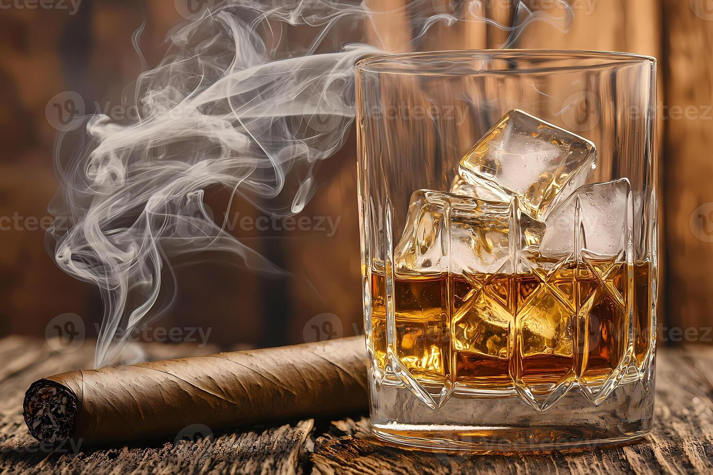 Glass of whisky with ice and cigar emitting smoke on rustic wooden table photo