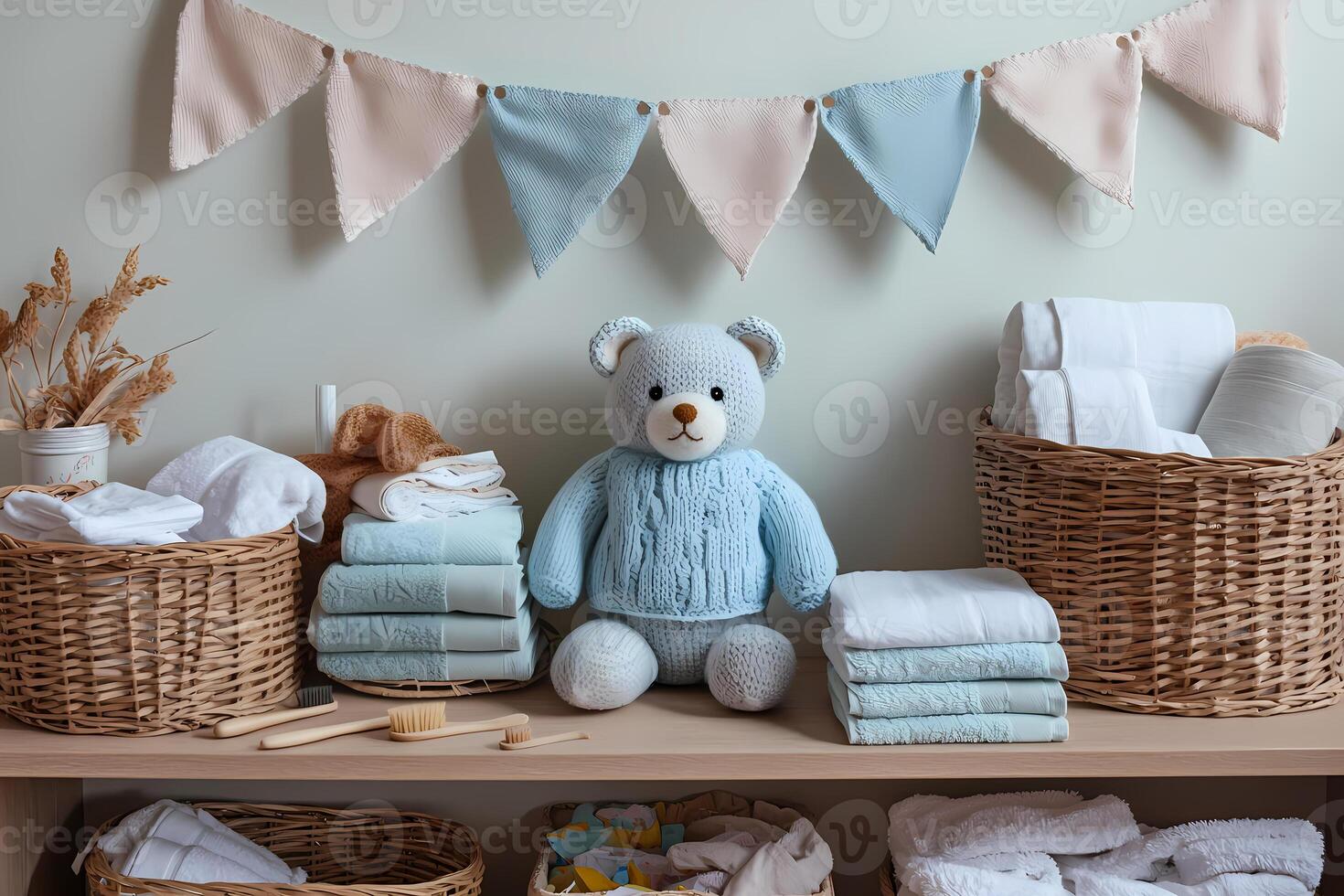 Baby clothes, towels, and teddy bear displayed on shelf in nursery photo
