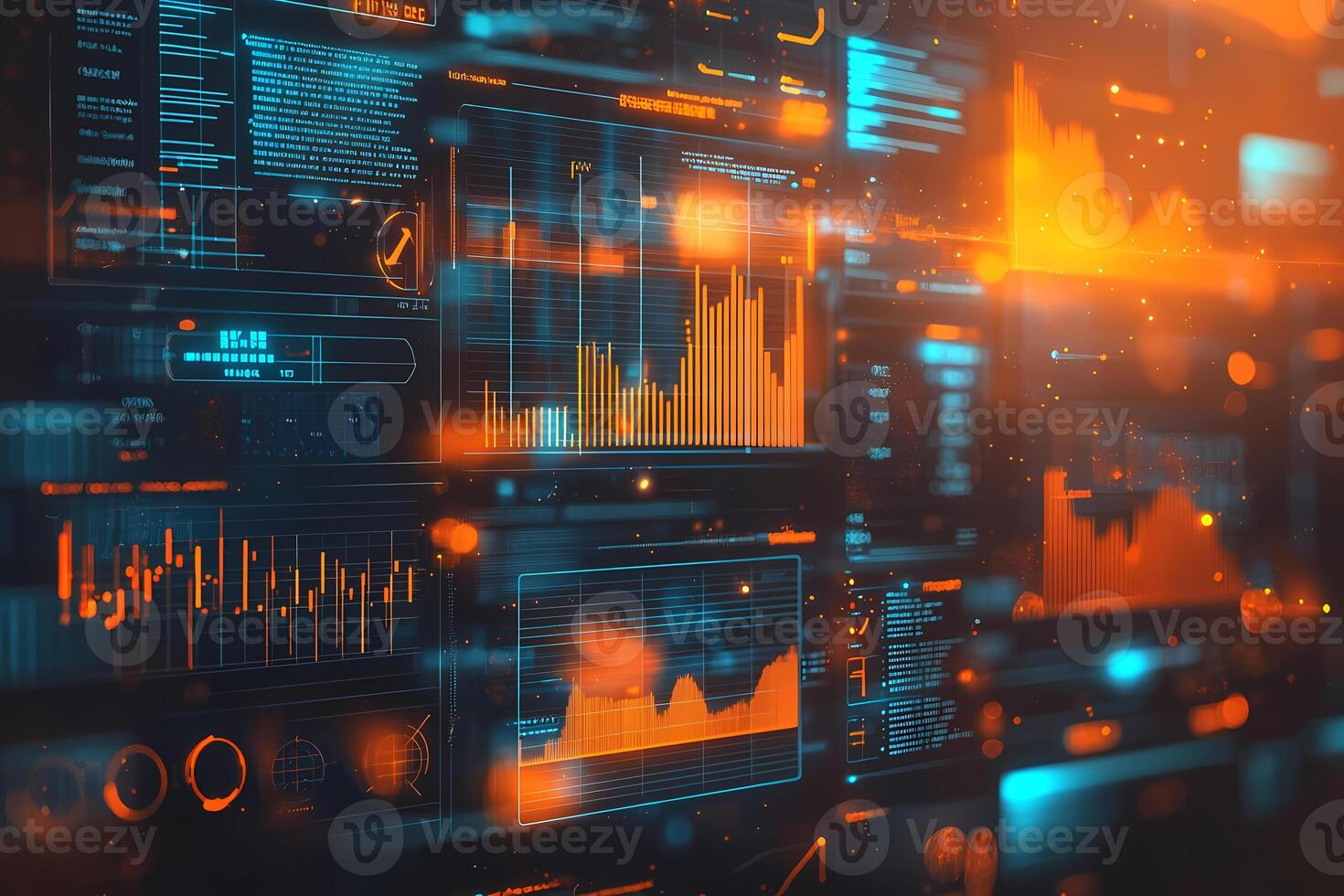 Futuristic interface displaying complex data analysis and statistics photo