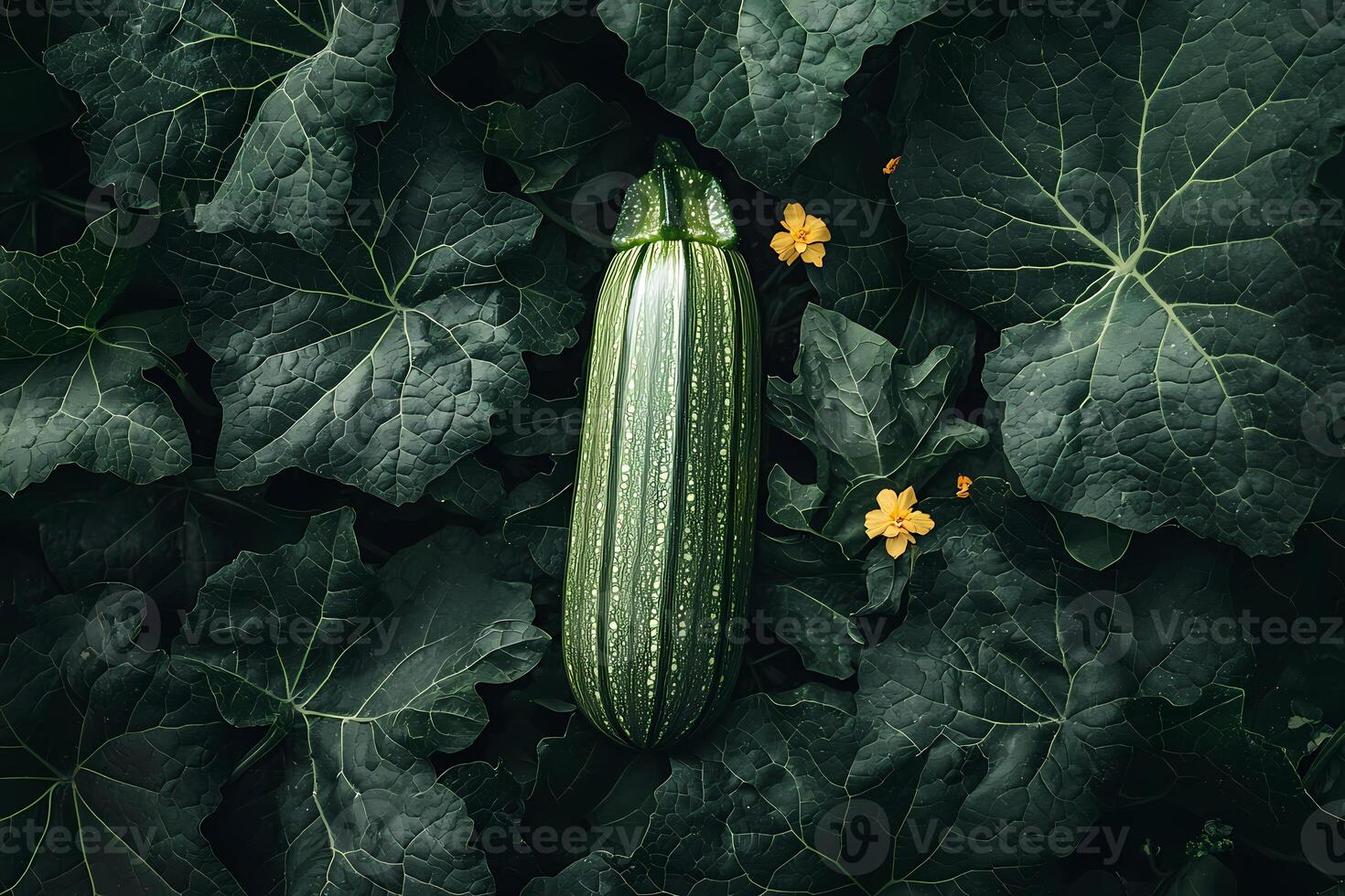 Fresh zucchini growing among vibrant green leaves in garden photo