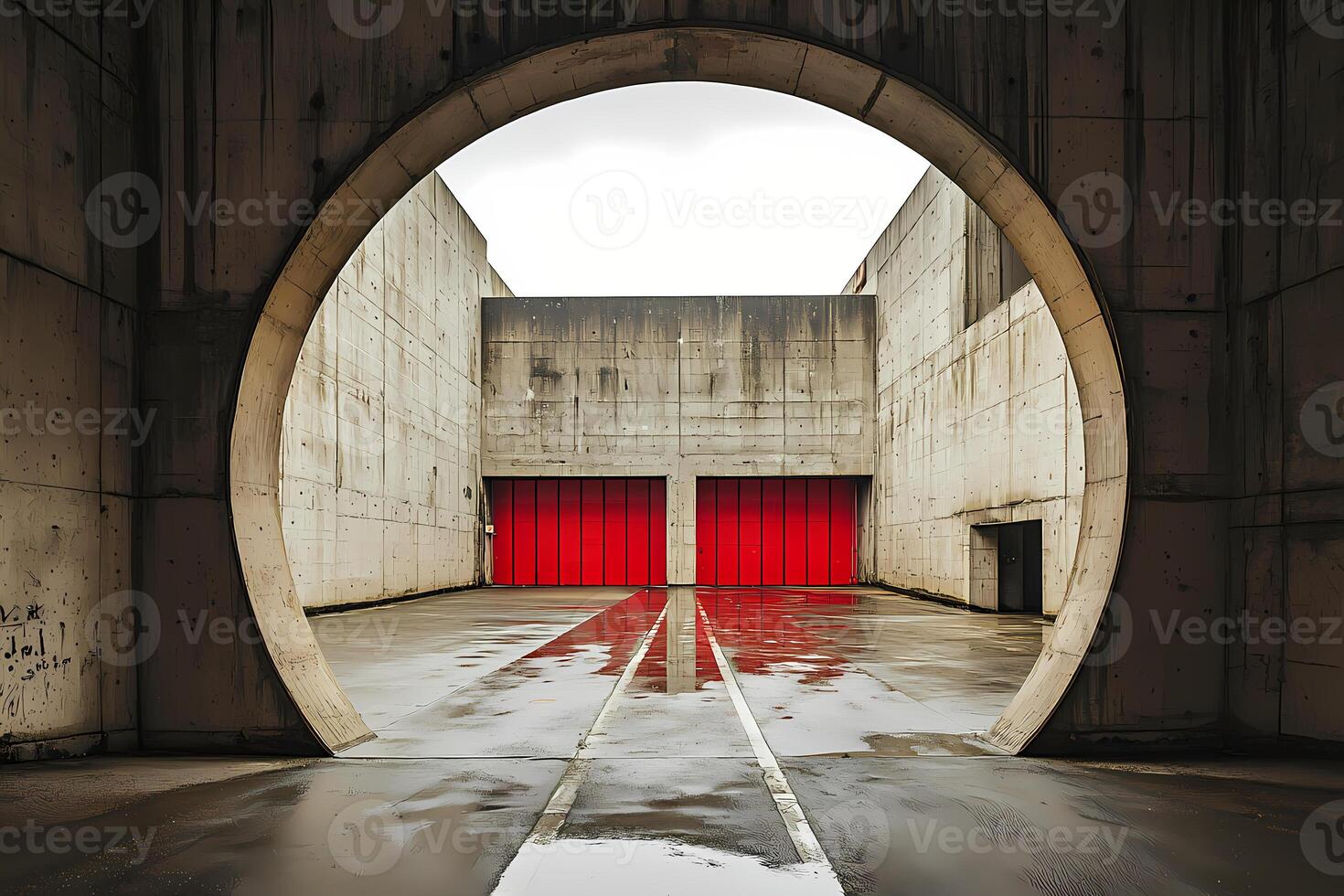 Circular concrete tunnel framing red industrial doors in modern architecture photo