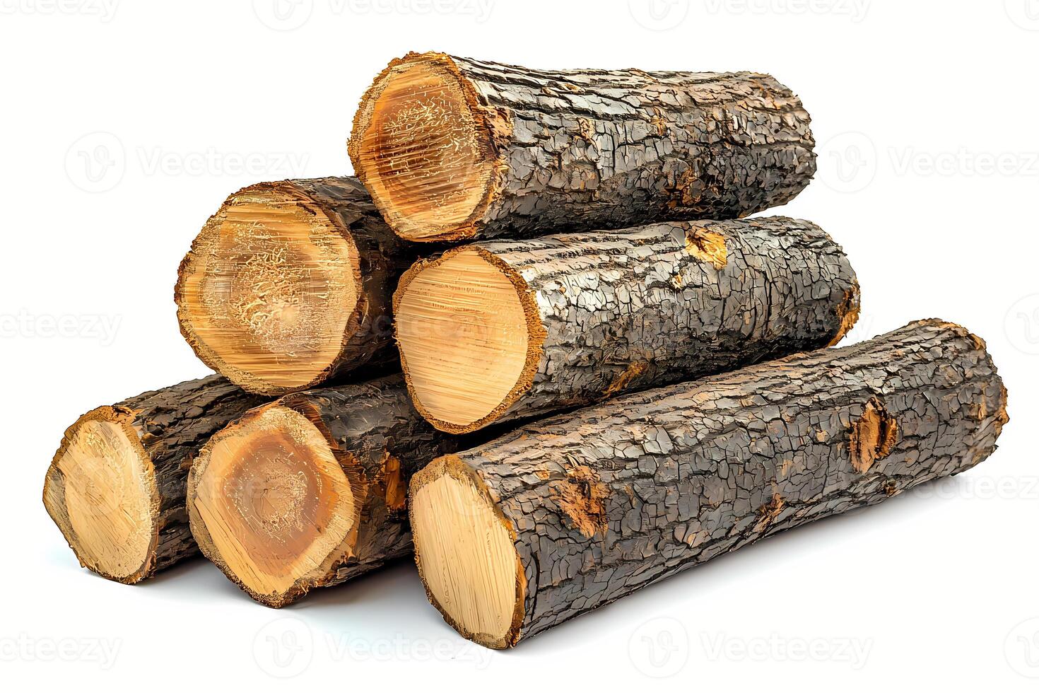 Pile of logs showing cross section and bark on white background photo