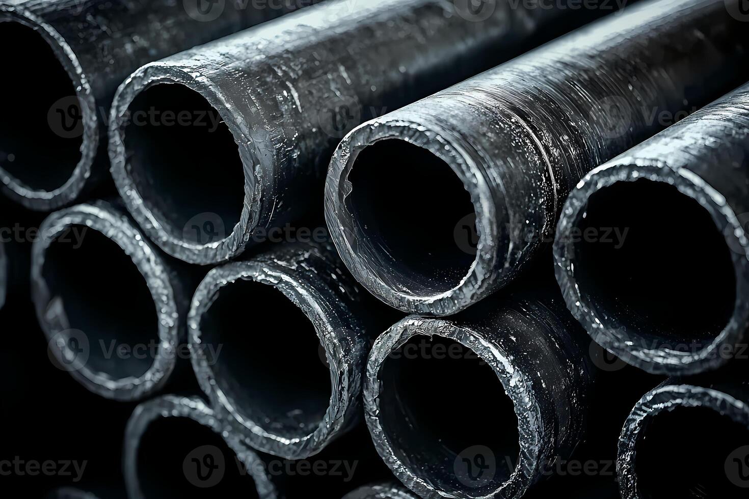 Stack of industrial metal pipes creating repeating pattern photo