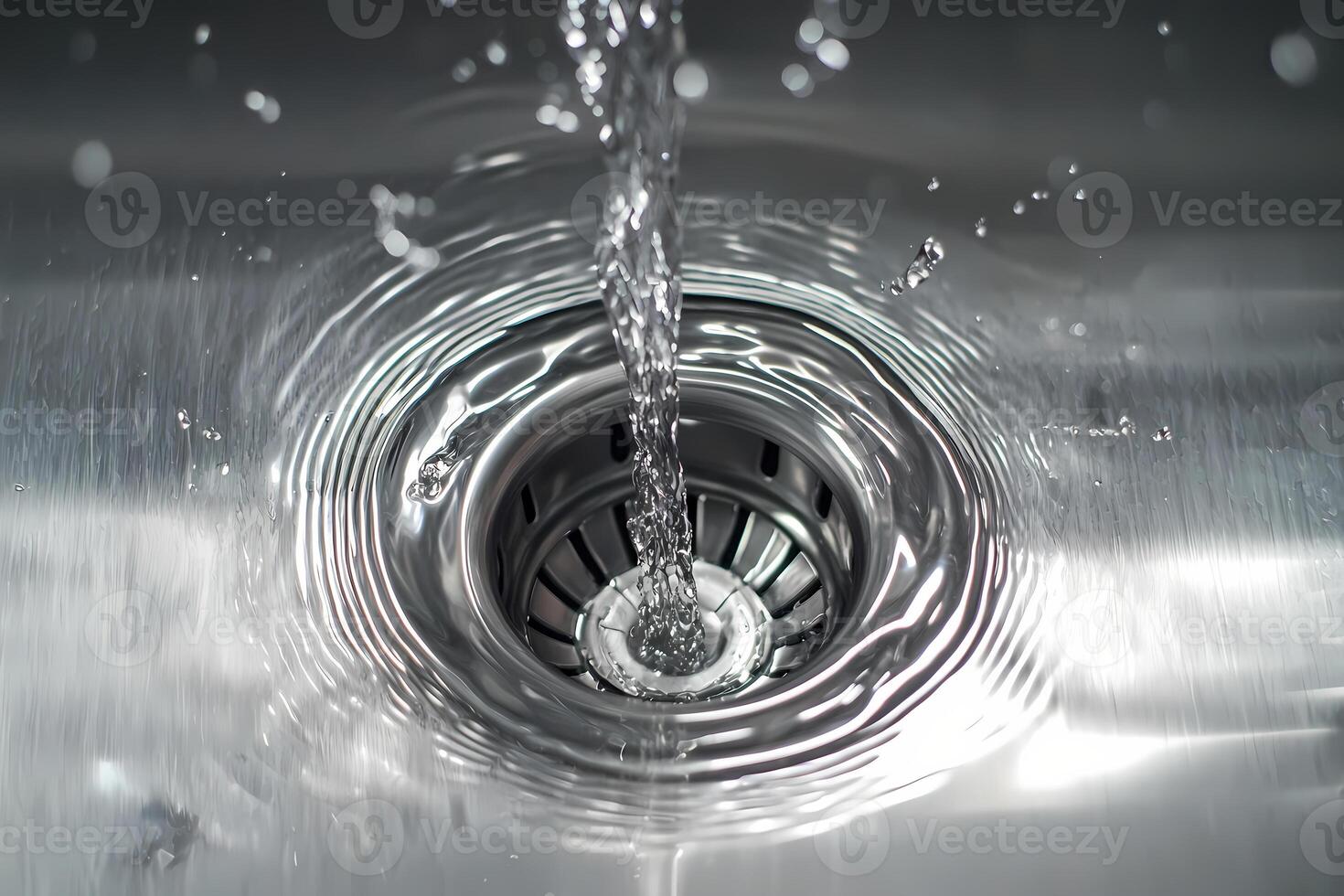 Water running down stainless steel drain in kitchen sink photo
