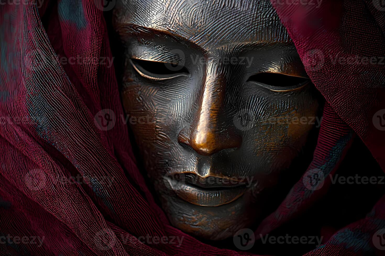 Bronze mask with red veil depicting serene face photo