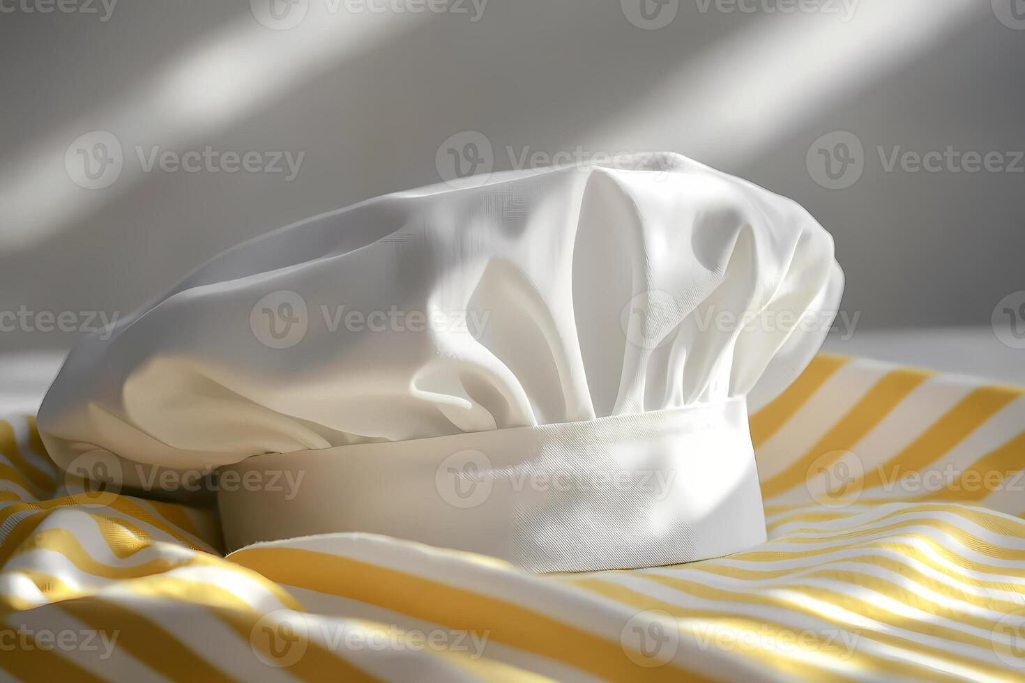 White chef's toque resting on striped yellow and white tablecloth photo