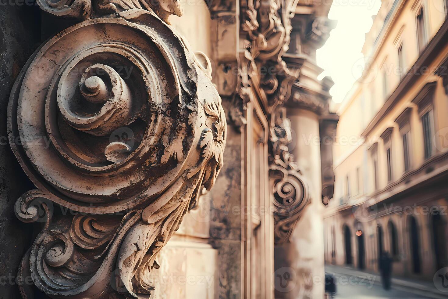 Architectural detail showing weathered stone ornamentation on building in rome photo