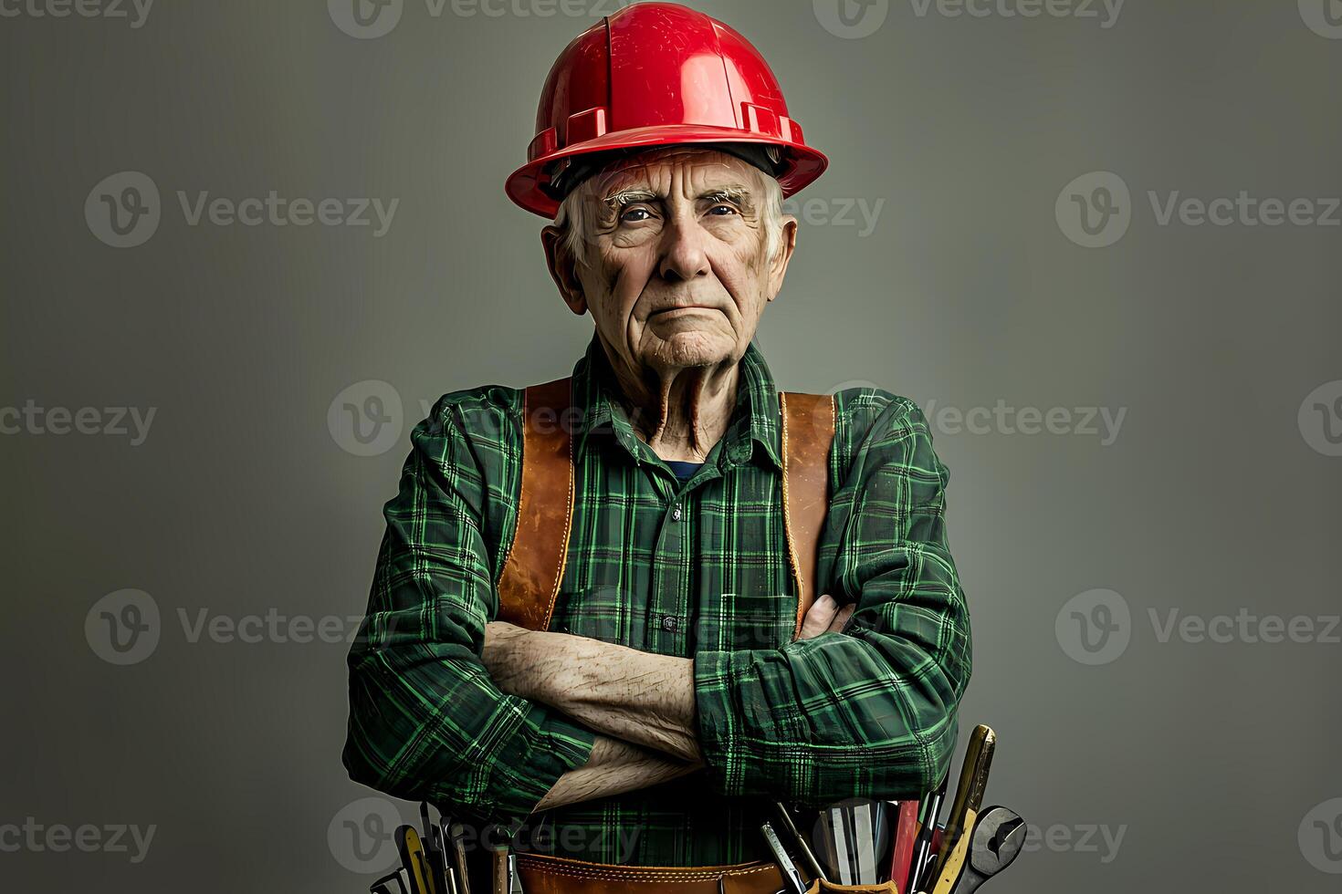 Senior construction worker wearing red helmet and tool belt crossing arms photo