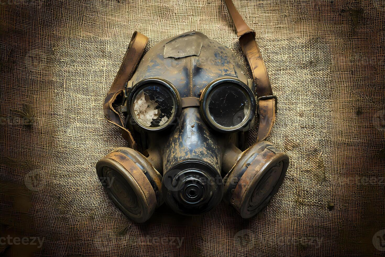 Old gas mask resting on burlap surface evokes history and danger photo