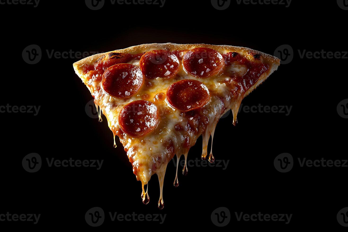 Delicious pepperoni pizza slice with melted cheese dripping on black background photo