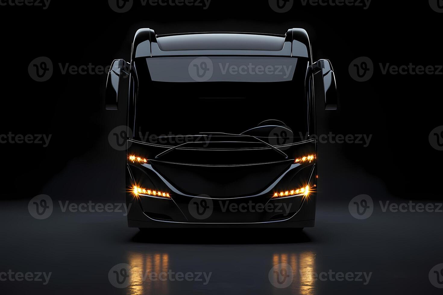 Black modern coach bus parked in the dark with lights on photo