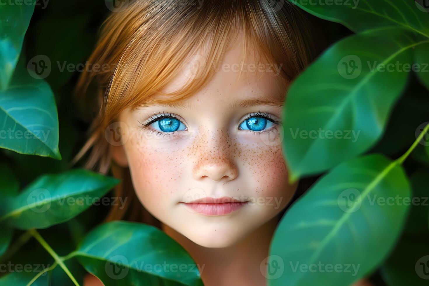 Redhead girl with blue eyes hiding behind green leaves photo