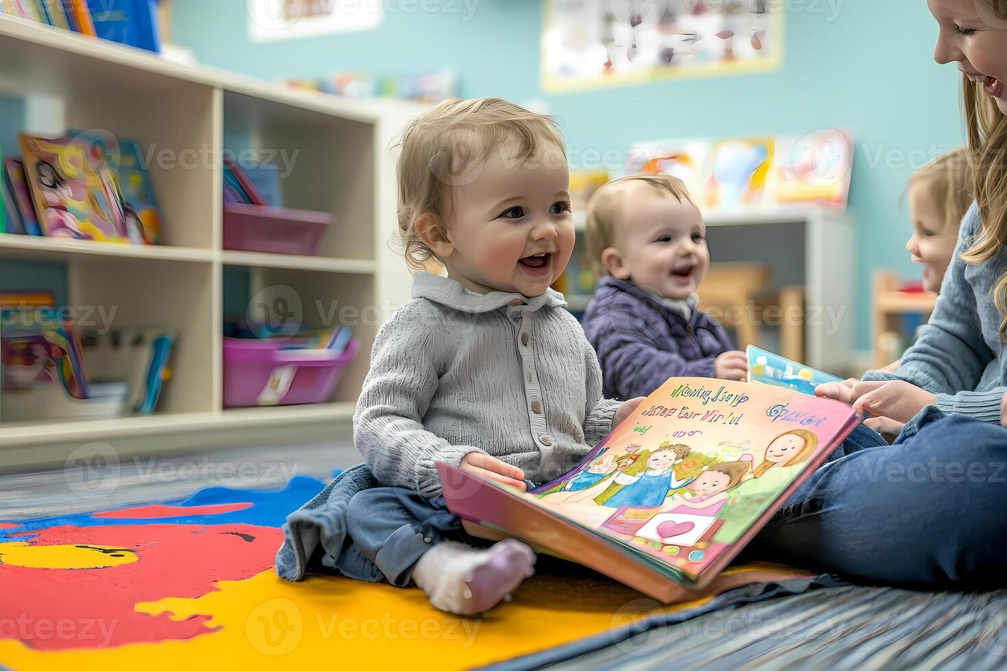 Smiling baby girl reading a book with teacher and friends in daycare photo