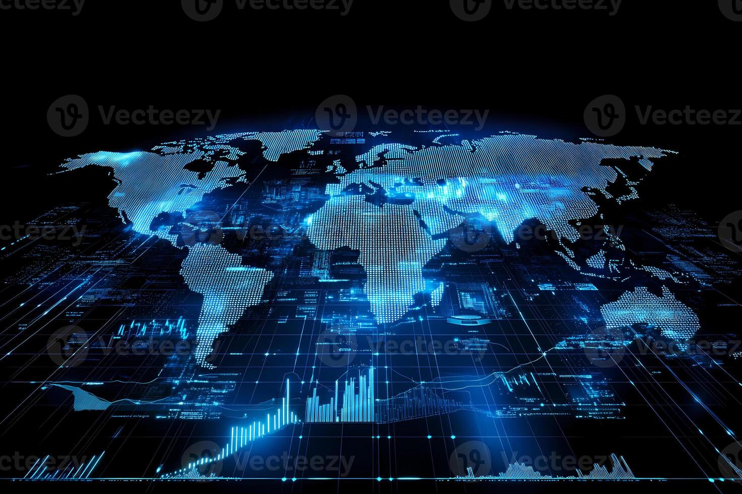 Futuristic world map showing global connectivity and data analysis photo