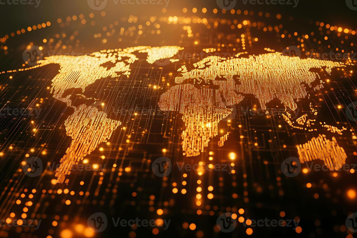 Golden earth map showing global communication network photo