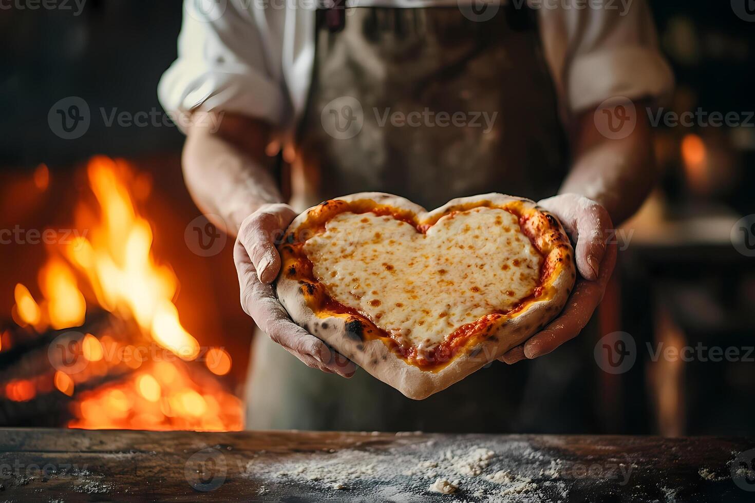 Pizzaiolo holding heart shaped pizza in front of wood fired oven photo