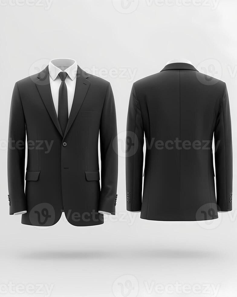 Black suit front and back view displayed on white background photo