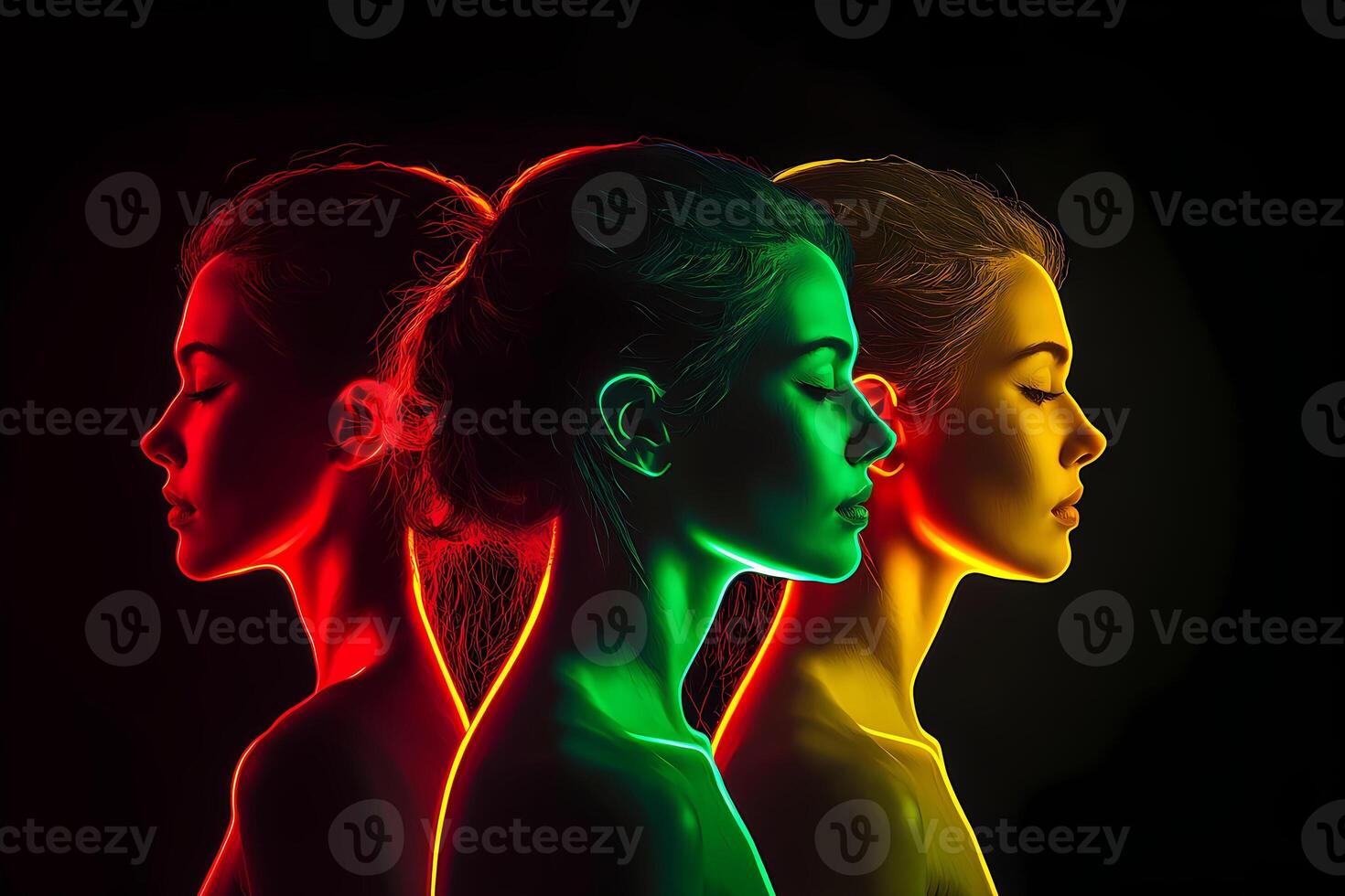 Three female models posing with neon lights rgb colors photo