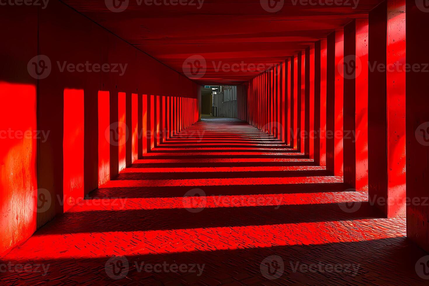Red tunnel creating long shadows in modern architecture photo