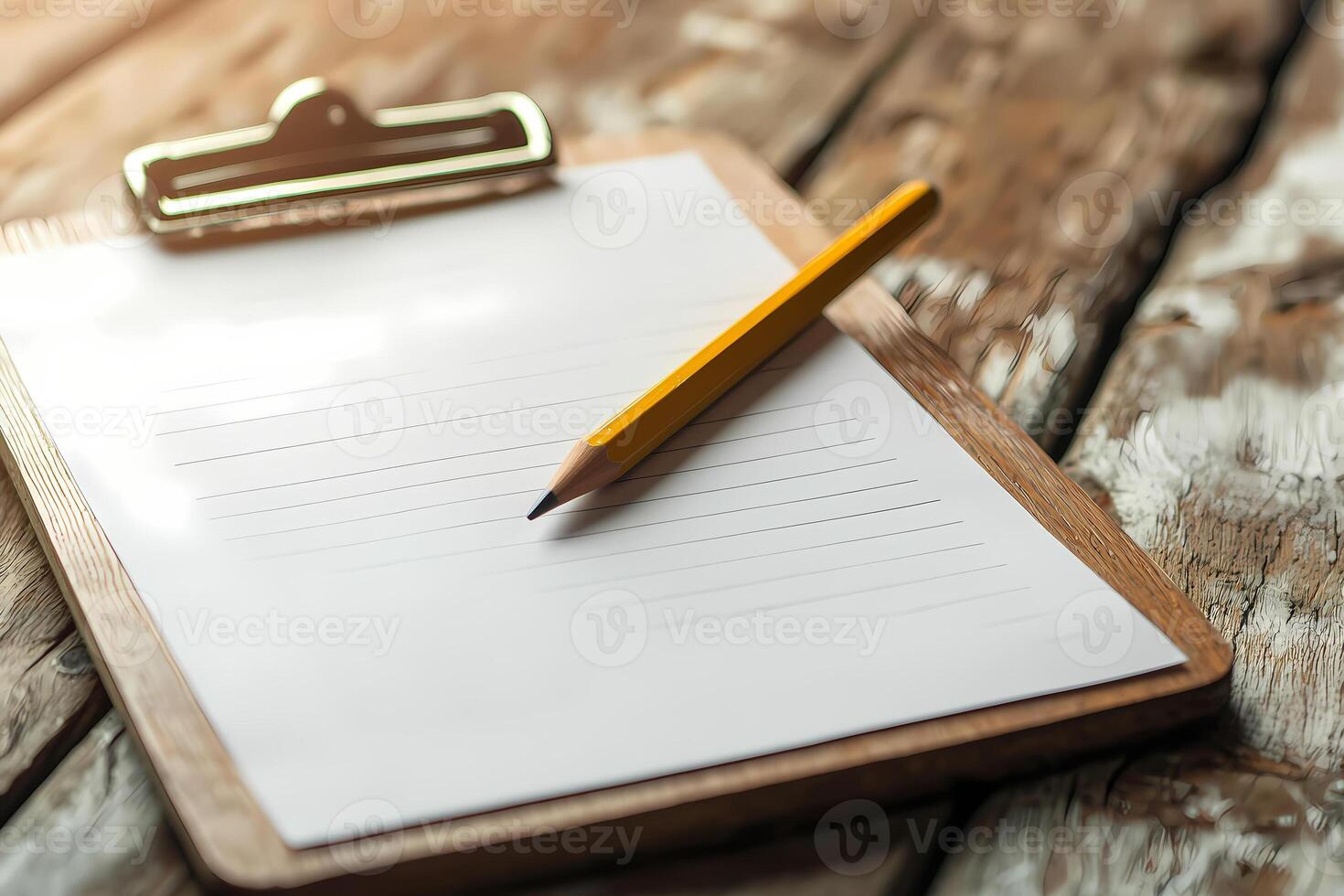 Pencil resting on blank notepad on wooden clipboard placed on rustic table photo