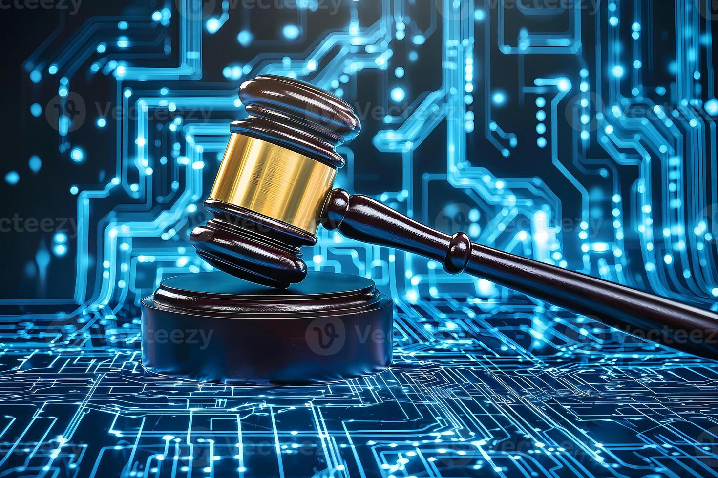 Judge gavel resting on sound block on circuit board depicting cyber law photo