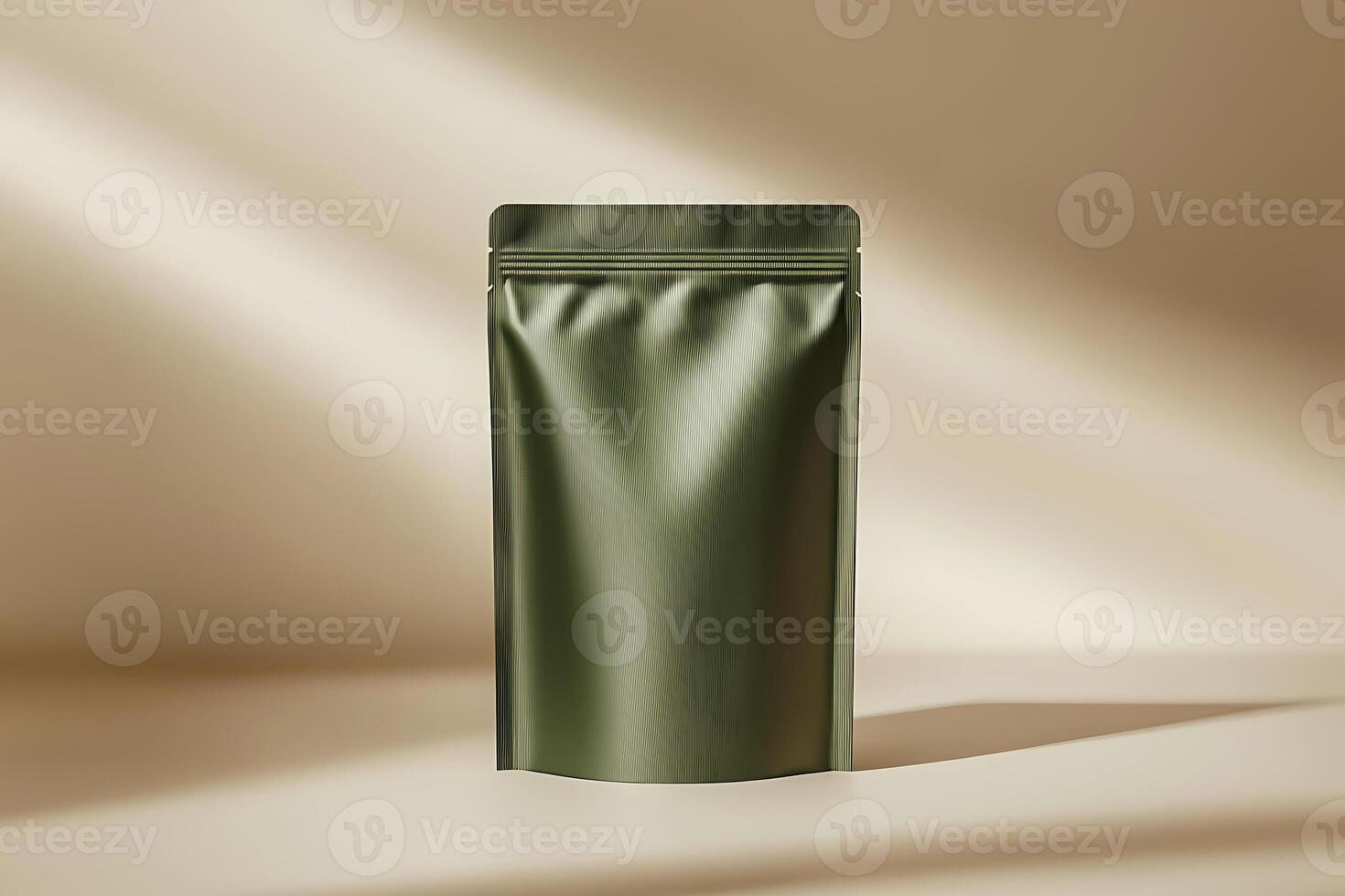Green doypack pouch standing up under soft illumination photo