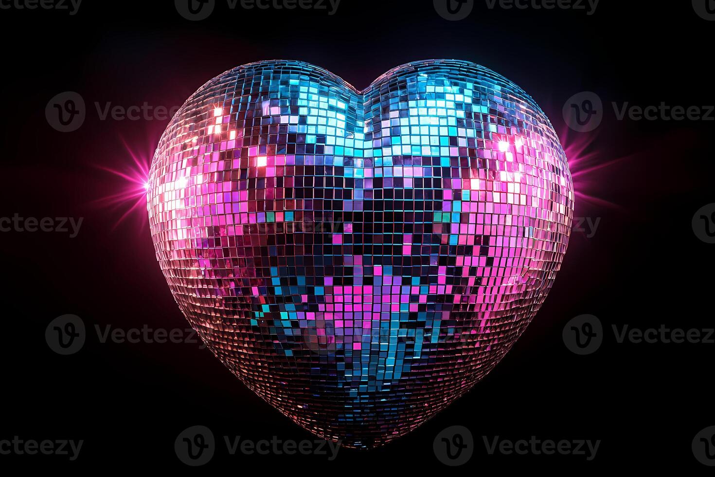 Heart shaped disco ball reflecting pink and blue lights on black background photo