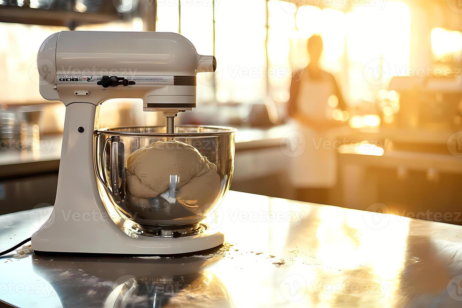Stand mixer kneading dough in warm sunlight professional kitchen photo
