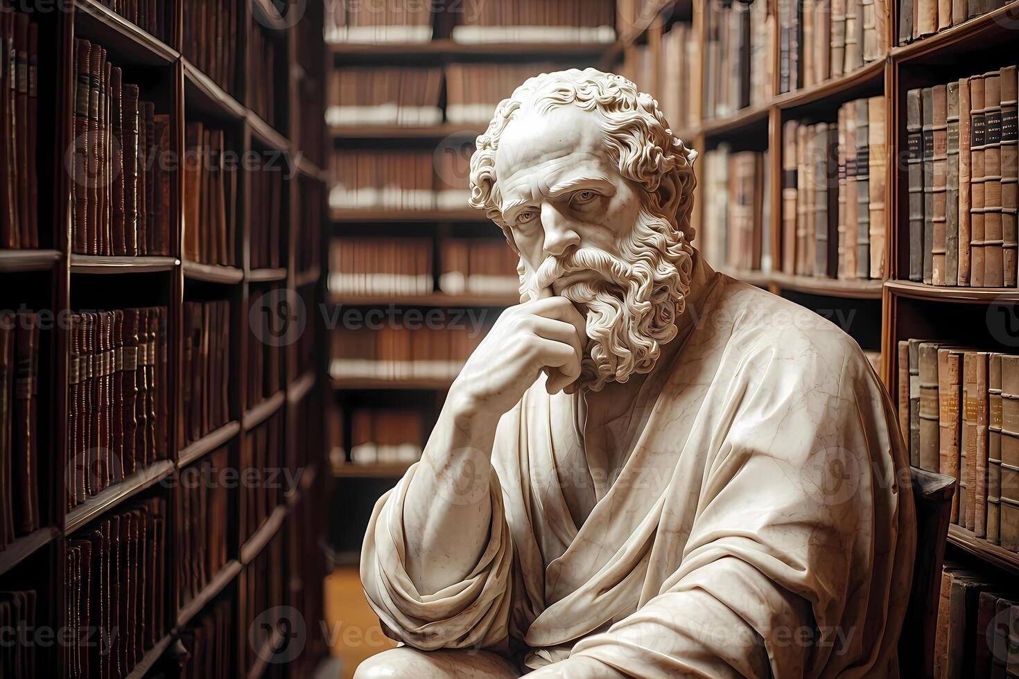 Marble statue of greek philosopher contemplating in library photo