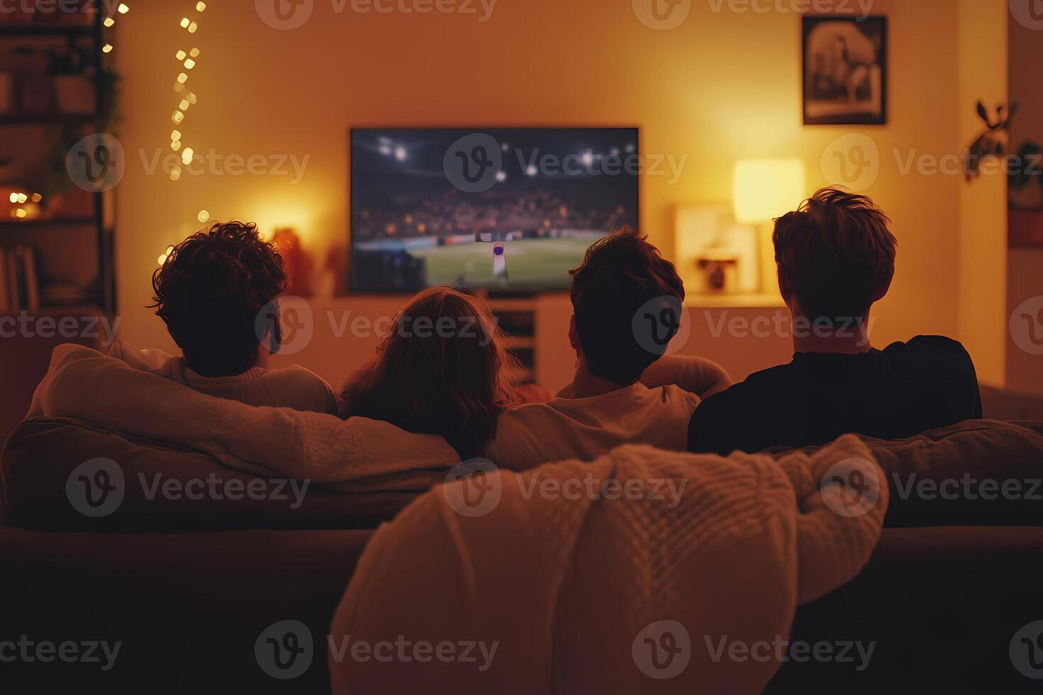 Friends watching football match on tv at home together photo