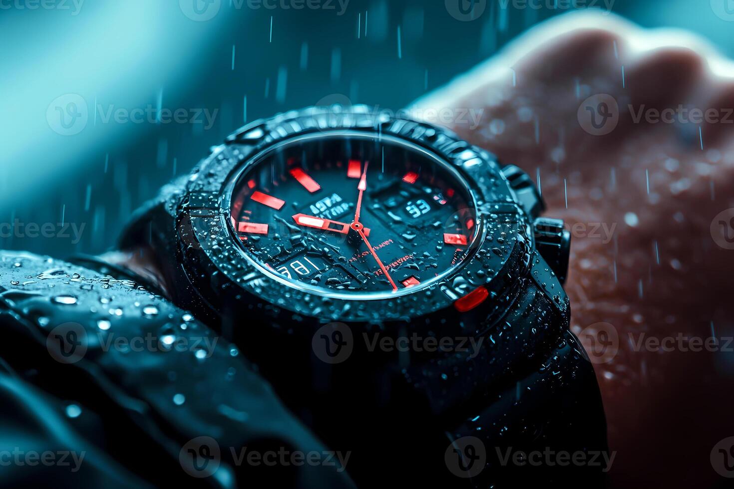 Black waterproof wristwatch getting wet in the rain photo