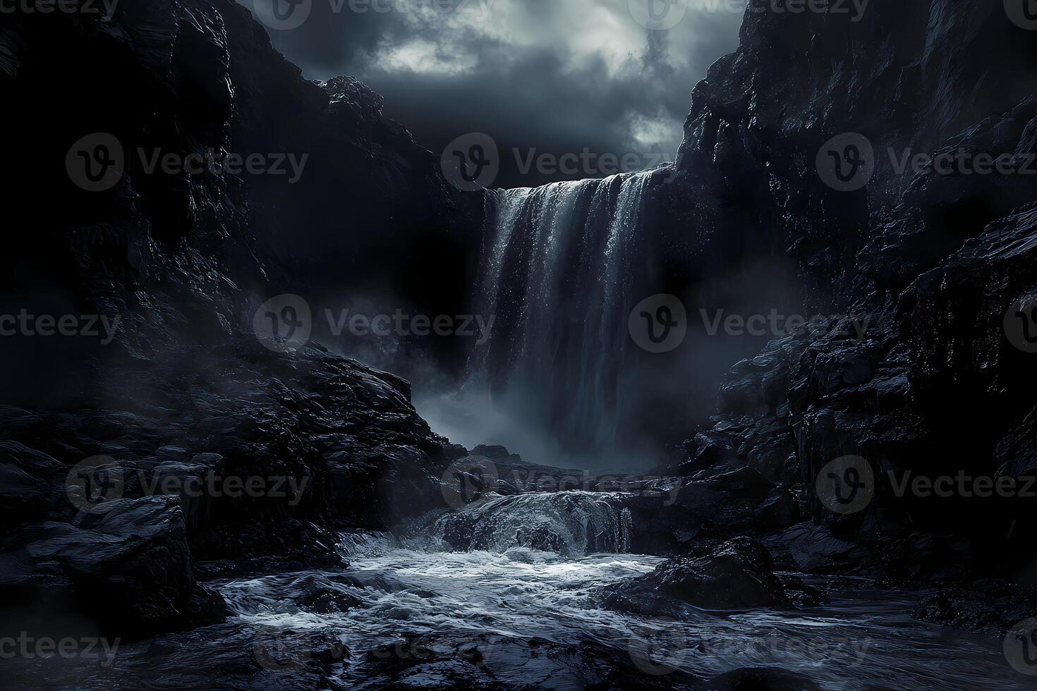 Waterfall cascading into river at night with dramatic sky photo