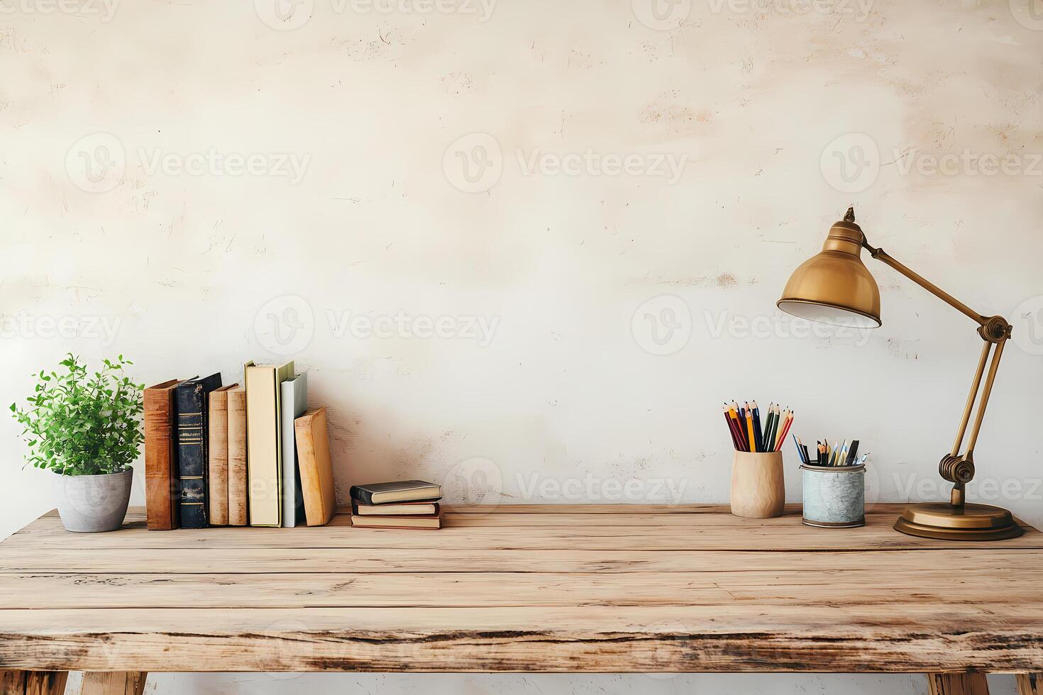 Cozy workspace with books and desk lamp photo