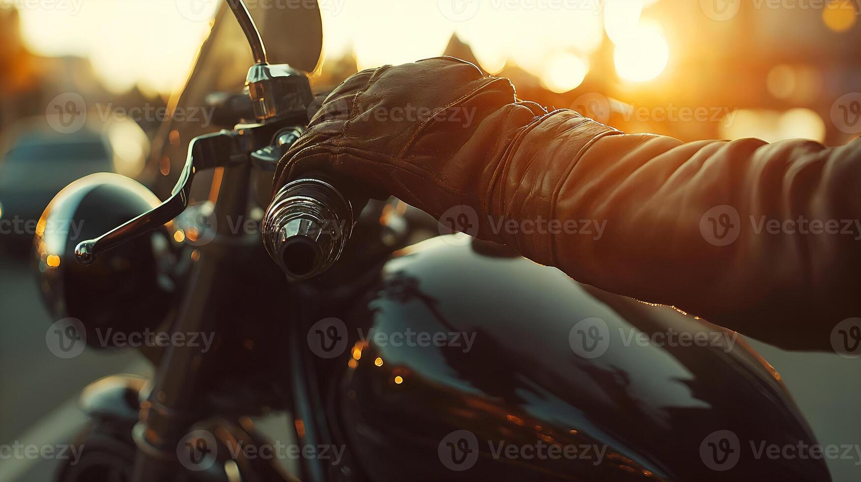 Biker hand holding handlebar of motorcycle at sunset photo