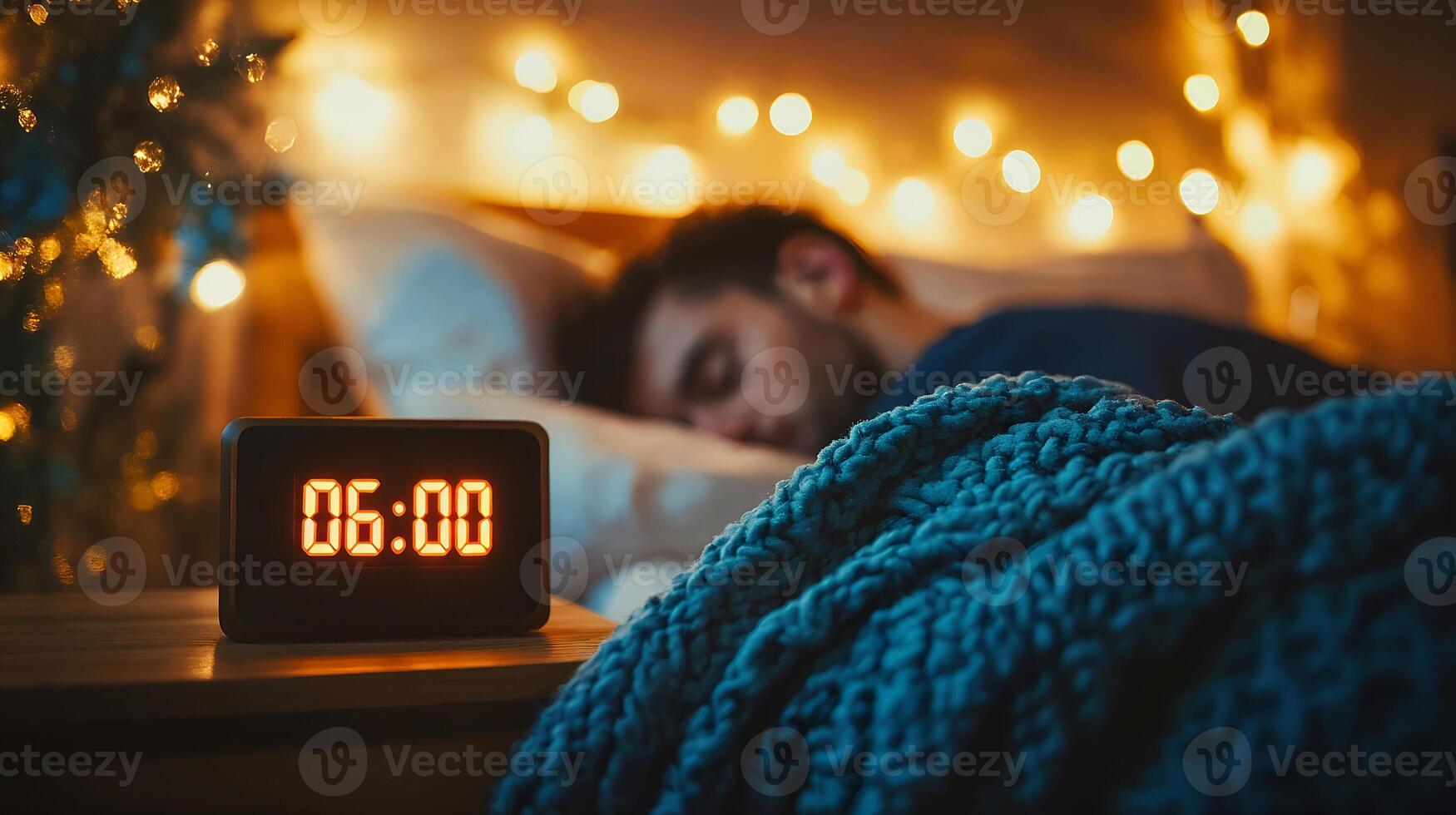 Man sleeping in bed while digital alarm clock shows six o'clock in the morning photo