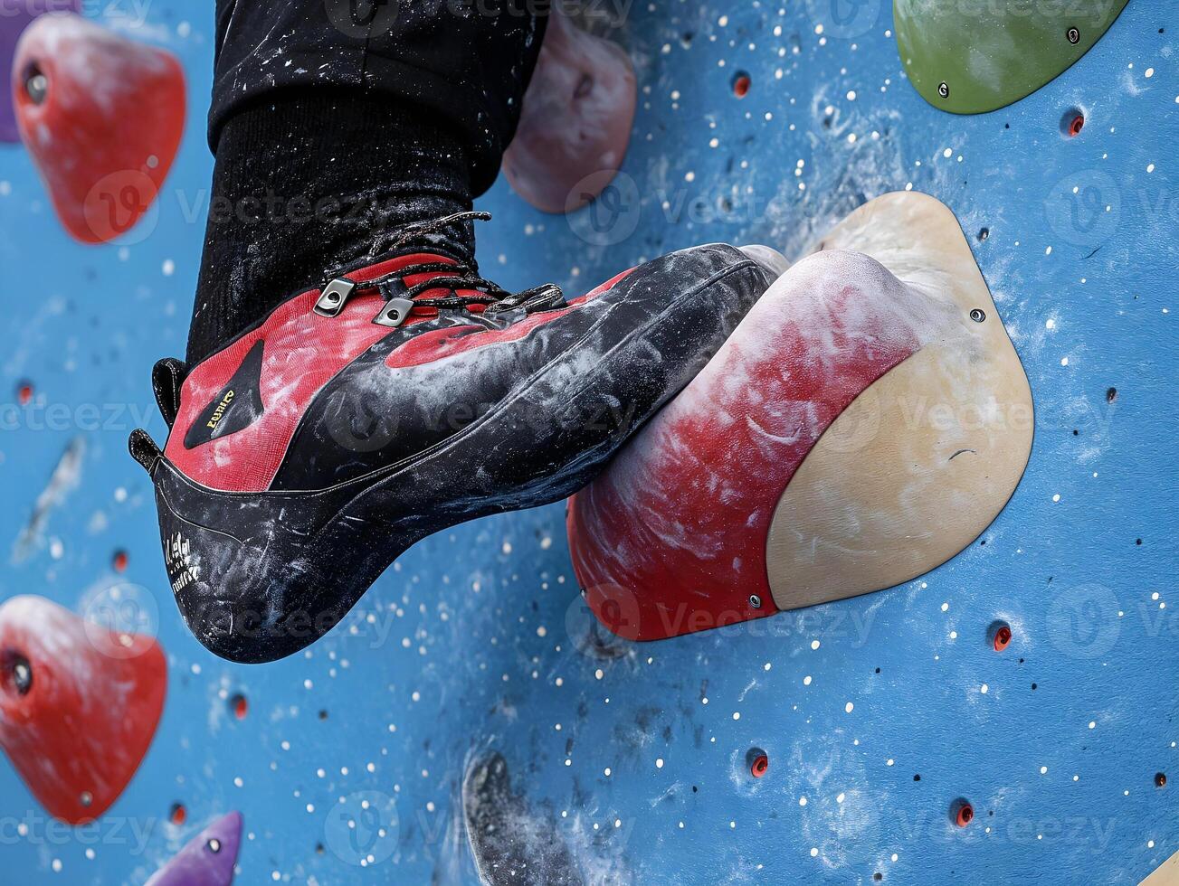 Climber wearing climbing shoes gripping a hold on a climbing wall photo