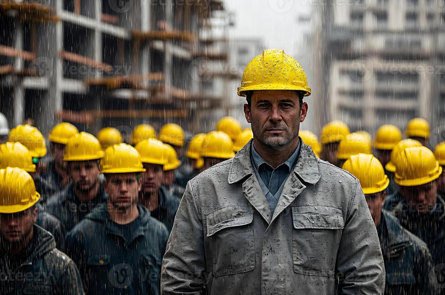 Foreman leading construction workers in the rain at construction site photo